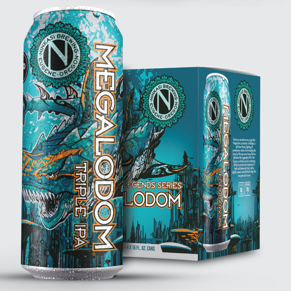 This image features the "Megalodom" Legendary IPA from Ninkasi Brewing Company's Legends Series. The can and box are adorned with vibrant blue and orange artwork, depicting the mythical sea creature, the Megalodon, amidst an underwater cityscape. The product is identified as a Legendary IPA, and it's noted that the package contains four 16-ounce cans. Brewed in Eugene, Oregon, the design captures the essence of the legendary theme with dynamic and colorful imagery.