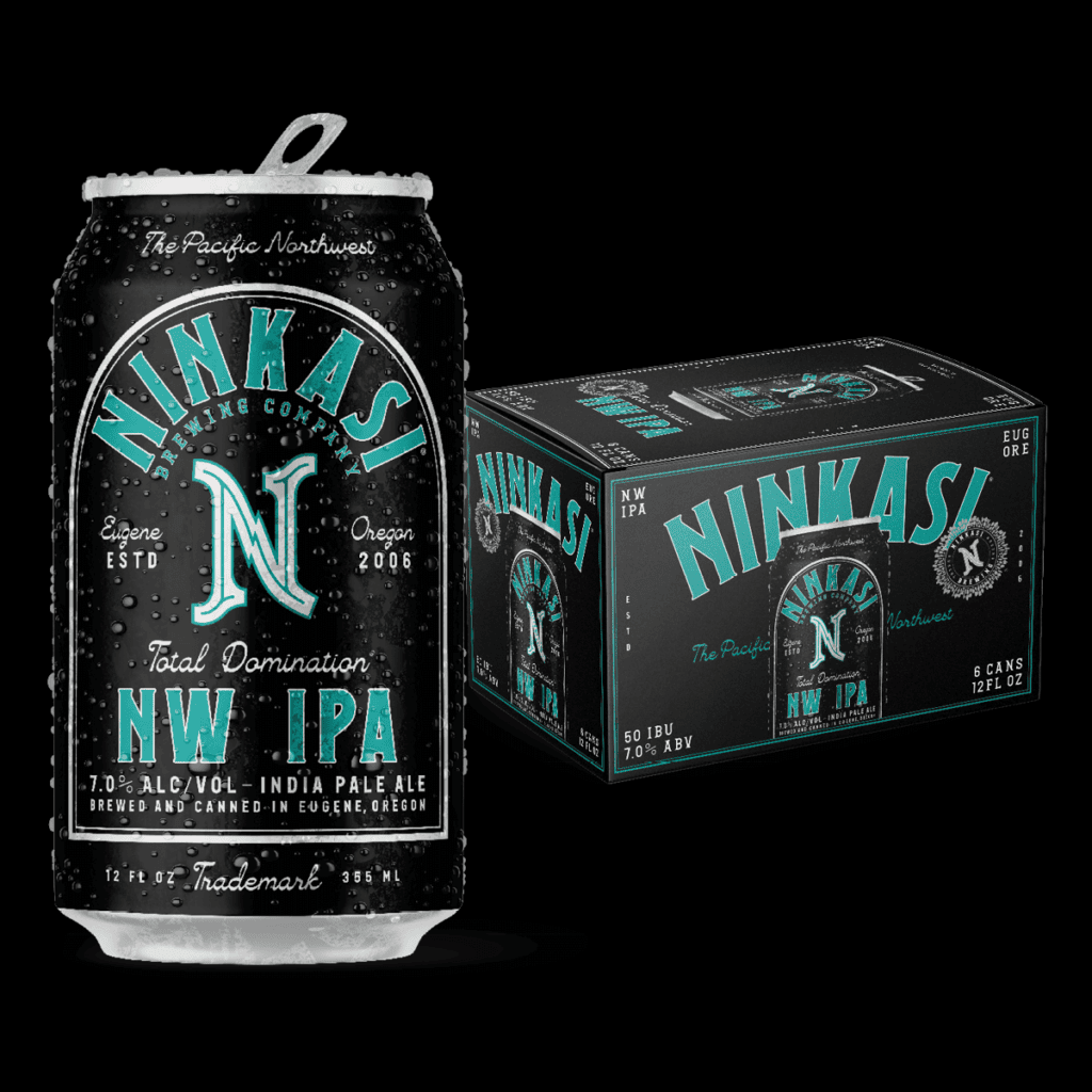 Image of Ninkasi Total Domination NW IPA can and six pack box. The label features black can with bright blue lettering on a black background.