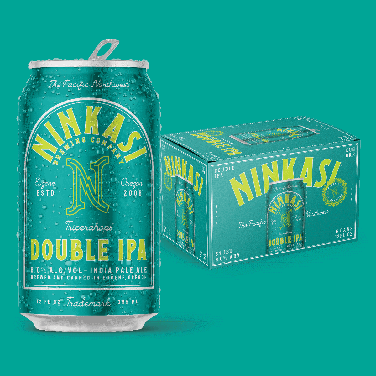 Image of Ninkasi Tricerahops Double IPA can and six pack box. The label features vibrant green can with bright yellow lettering on a green background.