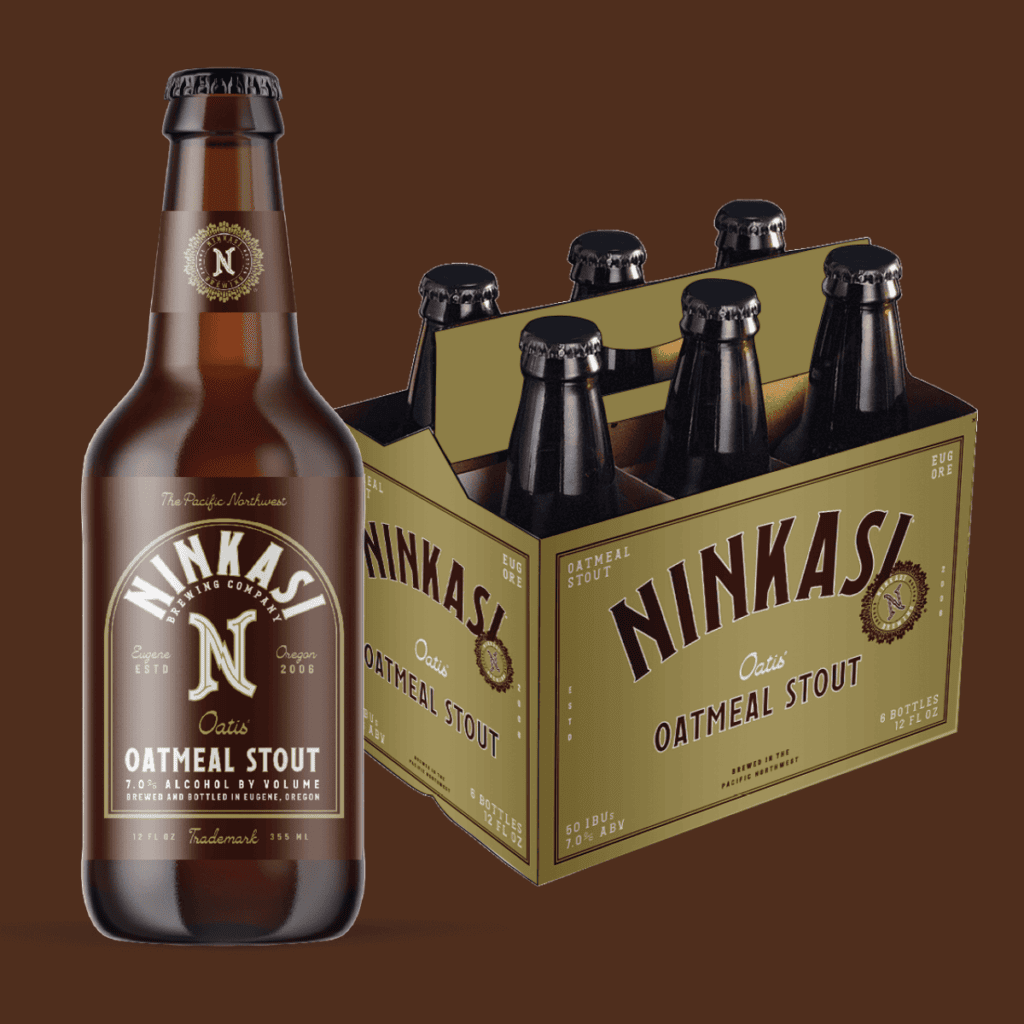 A brown Ninkasi beer bottle labeled 'Oatis Oatmeal Stout' with a 7.0% alcohol by volume notation. It features the Ninkasi Brewing Company logo and details of being brewed in Eugene, Oregon. To the right, there's a matching six-pack carton showcasing the same design and indicating it contains six 12 fl oz bottles.