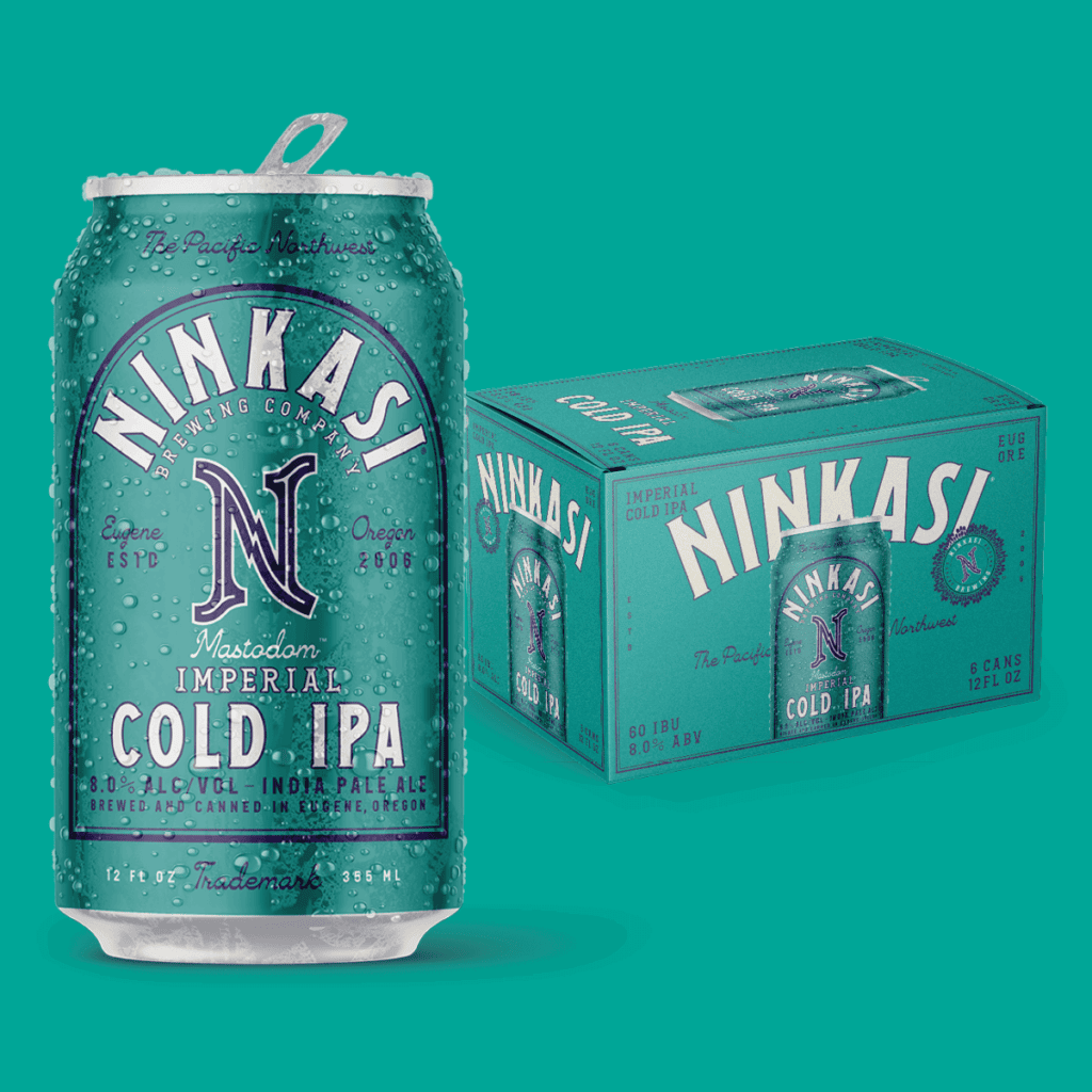 A frost-covered teal can of Ninkasi Brewing Company's Mastodon Imperial Cold IPA, showcasing the prominent brewery logo and "Est. 2006" in Eugene, Oregon. Above the logo, the words "The Pacific Northwest" are elegantly scripted. To the right, a coordinating teal box, labeled "Ninkasi Cold IPA" contains 6 cans, with notable details "60 IBUs" and "8.0% ABV." The backdrop is a bright teal, accentuating the cool, crisp essence of the beer.