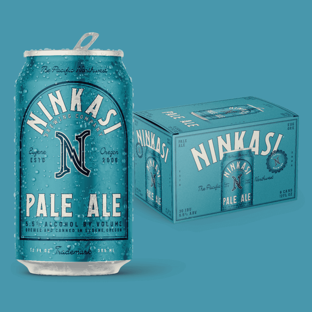 Image of Ninkasi Pale Ale can and six pack box. The label features pale blue can with off white lettering.