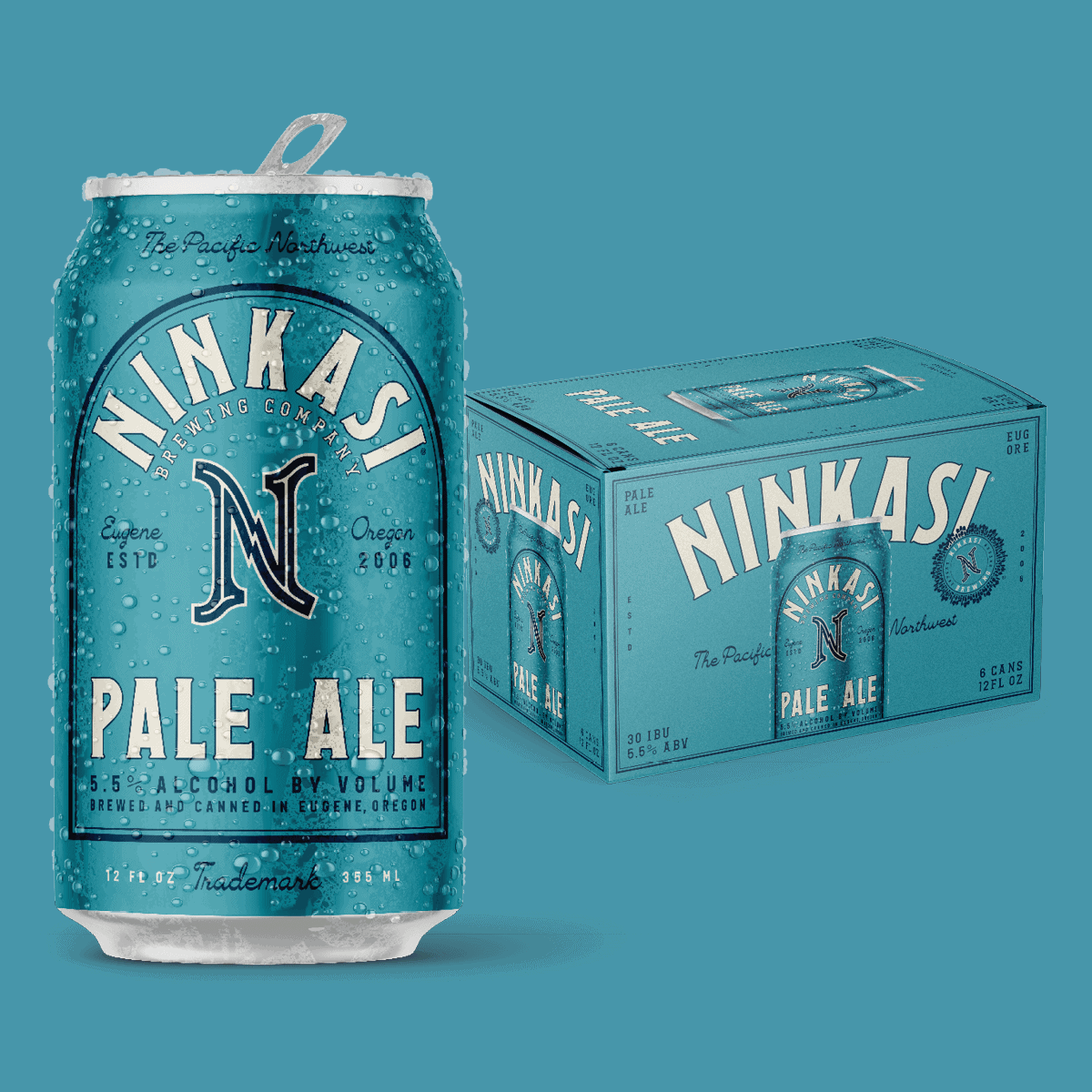 Image of Ninkasi Pale Ale can and six pack box. The label features pale blue can with off white lettering.
