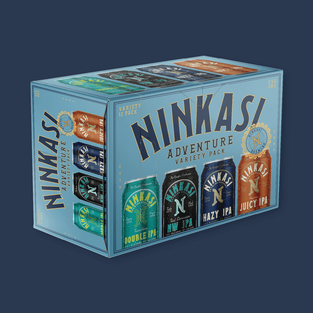 A Ninkasi Brewing Company "Adventure Variety Pack" box in a vibrant blue color. The box showcases images of four different types of beer cans, each with distinct designs and colors. From left to right, the beers are: a green "Double IPA", a turquoise "NW IPA", a blue "Hazy IPA", and an orange "Juicy IPA". The top of the box features multiple beer can designs in a row, suggesting more variety within the pack. Emblazoned prominently on the box is "Variety 12 Pack" and the Ninkasi logo with the establishment date "Est. 2006". The background is a muted navy blue.