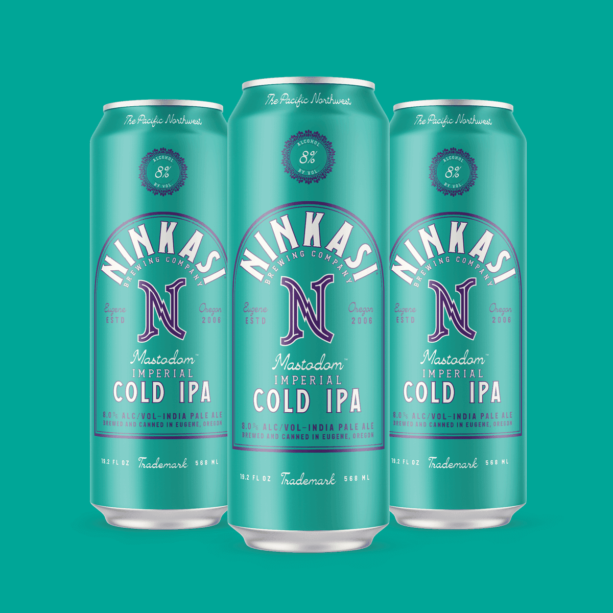 Three tall cans of Ninkasi's "Mastodom Imperial Cold IPA" displayed against a turquoise background. The cans sport a refreshing turquoise and purple design, highlighting the beer's Pacific Northwest origins. Each can prominently displays an "8% ALC/VOL" label, indicating its alcohol content. The beer is emphasized as an "Imperial Cold IPA", brewed and canned in Eugene, Oregon since 2006. The design also includes the Ninkasi logo and each can contains 19.2 fl oz.