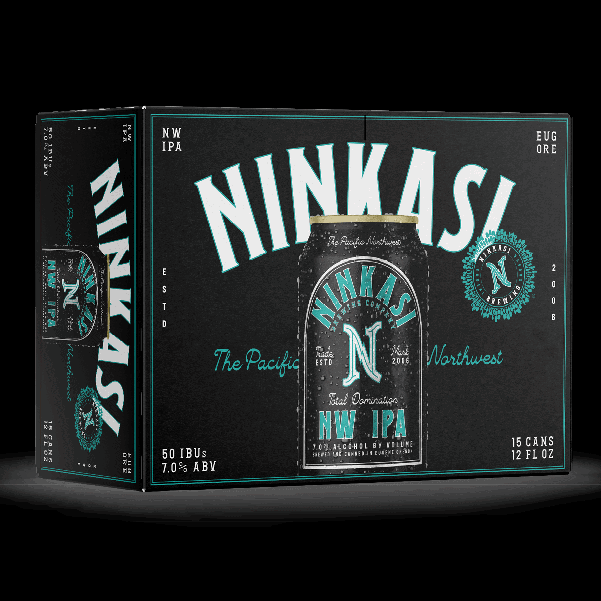 A 3D image of a dark teal Ninkasi beer box with the branding prominently displayed in bright teal lettering. The front of the box showcases a can design for 'Total Domination NW IPA,' with details indicating it has 7.0% ABV and 50 IBUs. There's a tagline 'The Pacific Northwest' and the brand's origin from 'EUG ORE' signifying Eugene, Oregon. The side panel reads 'NW IPA' and has the Ninkasi logo. The box mentions it contains 15 cans, each of 12 FL OZ.