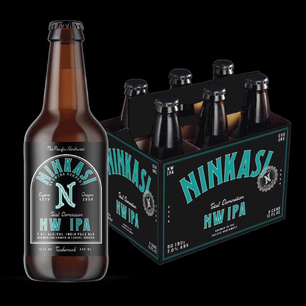 A sleek bottle and six-pack box of Ninkasi's "Total Domination NW IPA" against a black background. The bottle label and box showcase hues of teal and black, highlighting the beer's origin in Eugene, Oregon, since 2006. The beer boasts 7.0% alcohol by volume and the label emphasizes its "Pacific Northwest" roots. The six-pack box also indicates the beer's bitterness level at 50 IBUs.