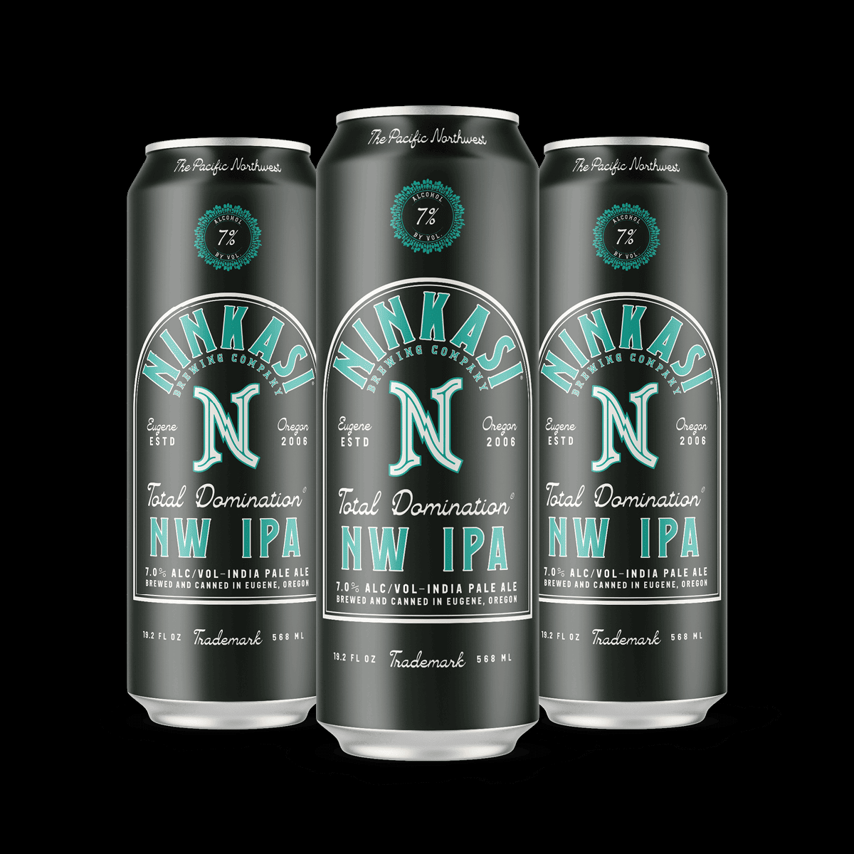 Three tall cans of Ninkasi's "Total Domination NW IPA" presented against a dark background. The cans have a sleek silver design with teal accents, celebrating the beer's Pacific Northwest roots. Each can displays a "7% ALC/VOL" label in a teal emblem, denoting its alcohol content. The beer is described as a "NW IPA", brewed and canned in Eugene, Oregon since 2006. The Ninkasi logo is prominent on each can, which also mentions that each can holds 19.2 fl oz.